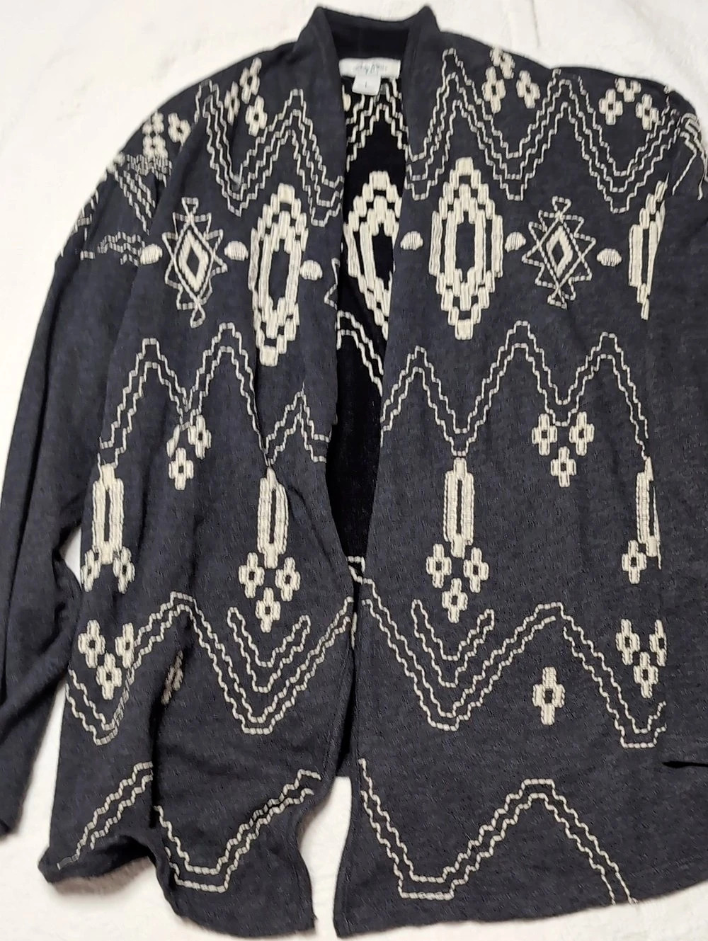 Lucky Brand Geometric Open Cardigan in Black & Cream Size Large